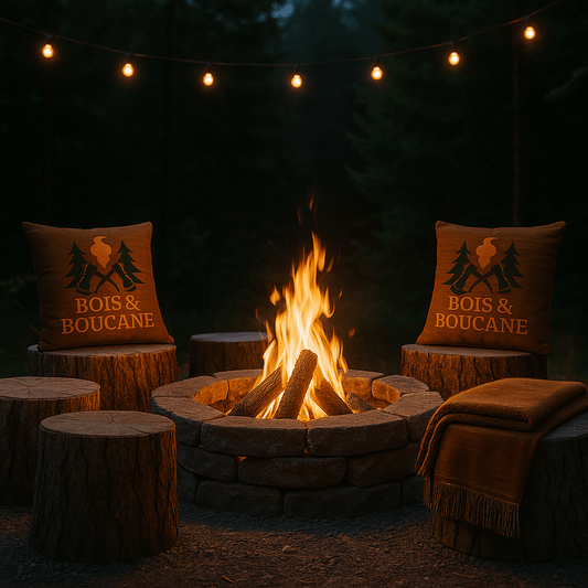 A cozy campfire spot with illuminated seating and log benches on a dark evening, showing how to build a campfire spot