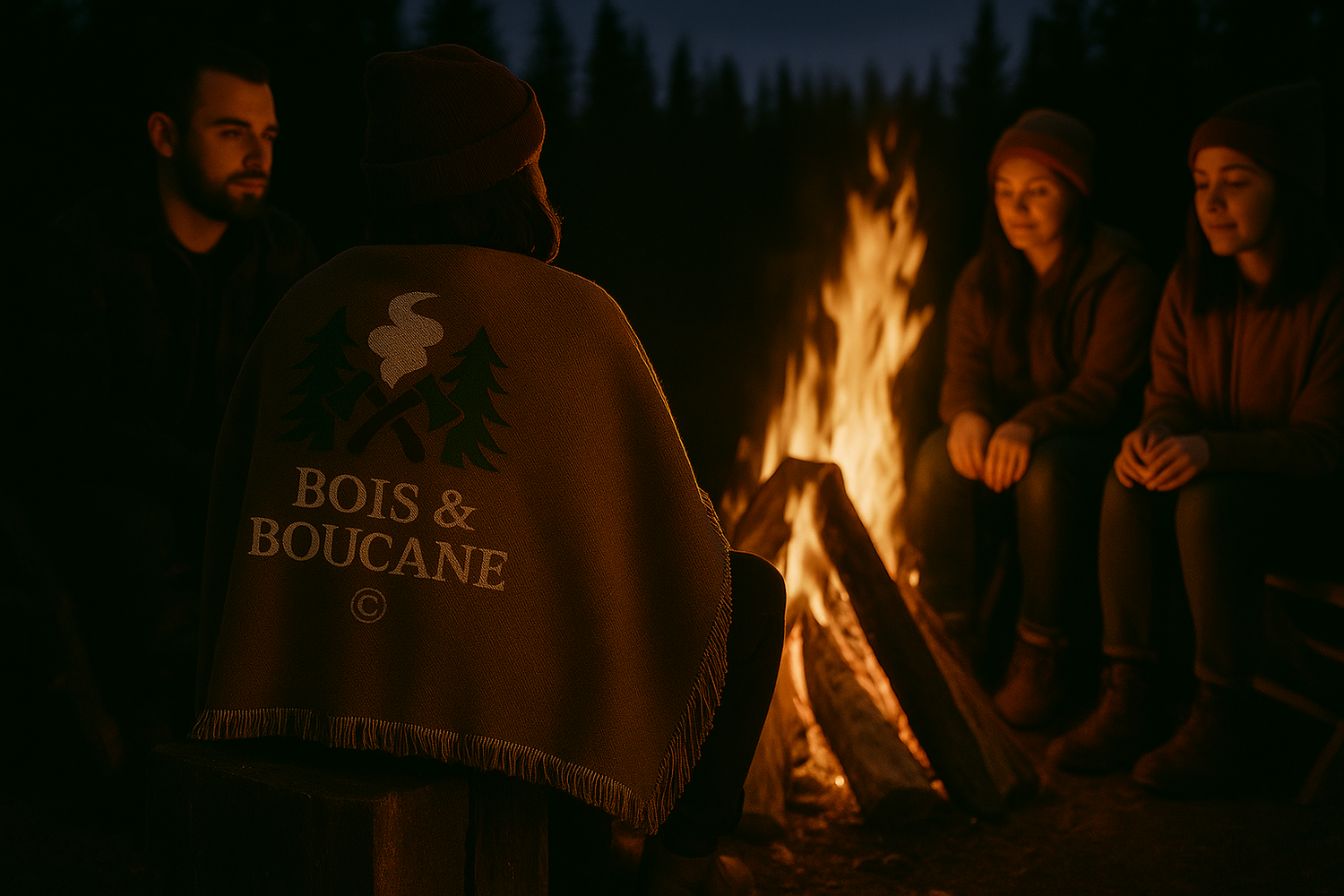 Cozy campfire night with the Bois & Boucane blanket — warmth and rustic style for your outdoor adventures.