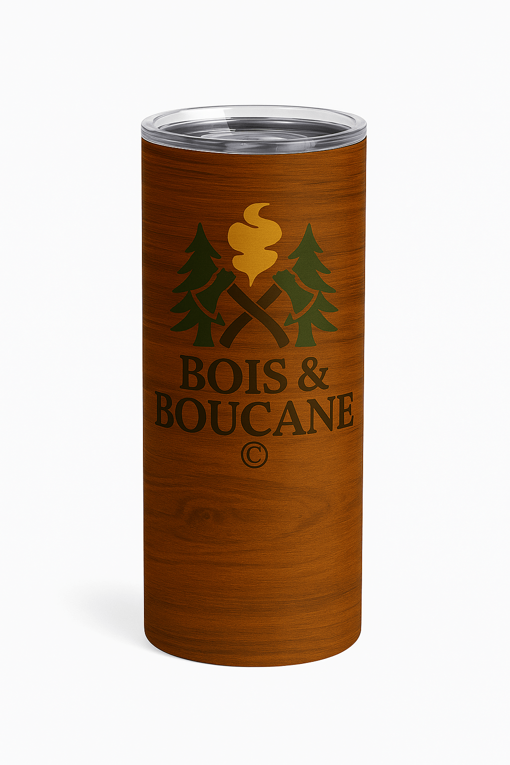 Bois & Boucane drinkware Stainless Steel Tumbler with Wood Grain Finish and Campfire Design