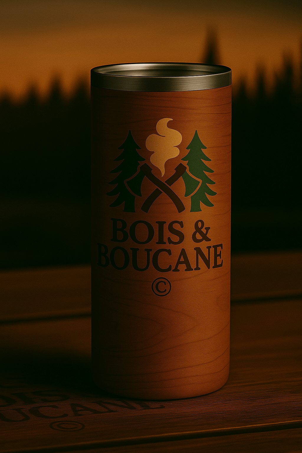 Bois & Boucane drinkware stainless steel tumbler with rustic wood design and logo