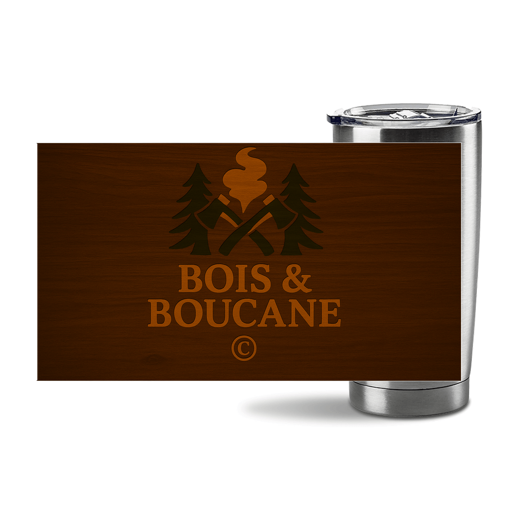 Bois & Boucane drinkware tumbler with a rustic design featuring trees and a campfire logo