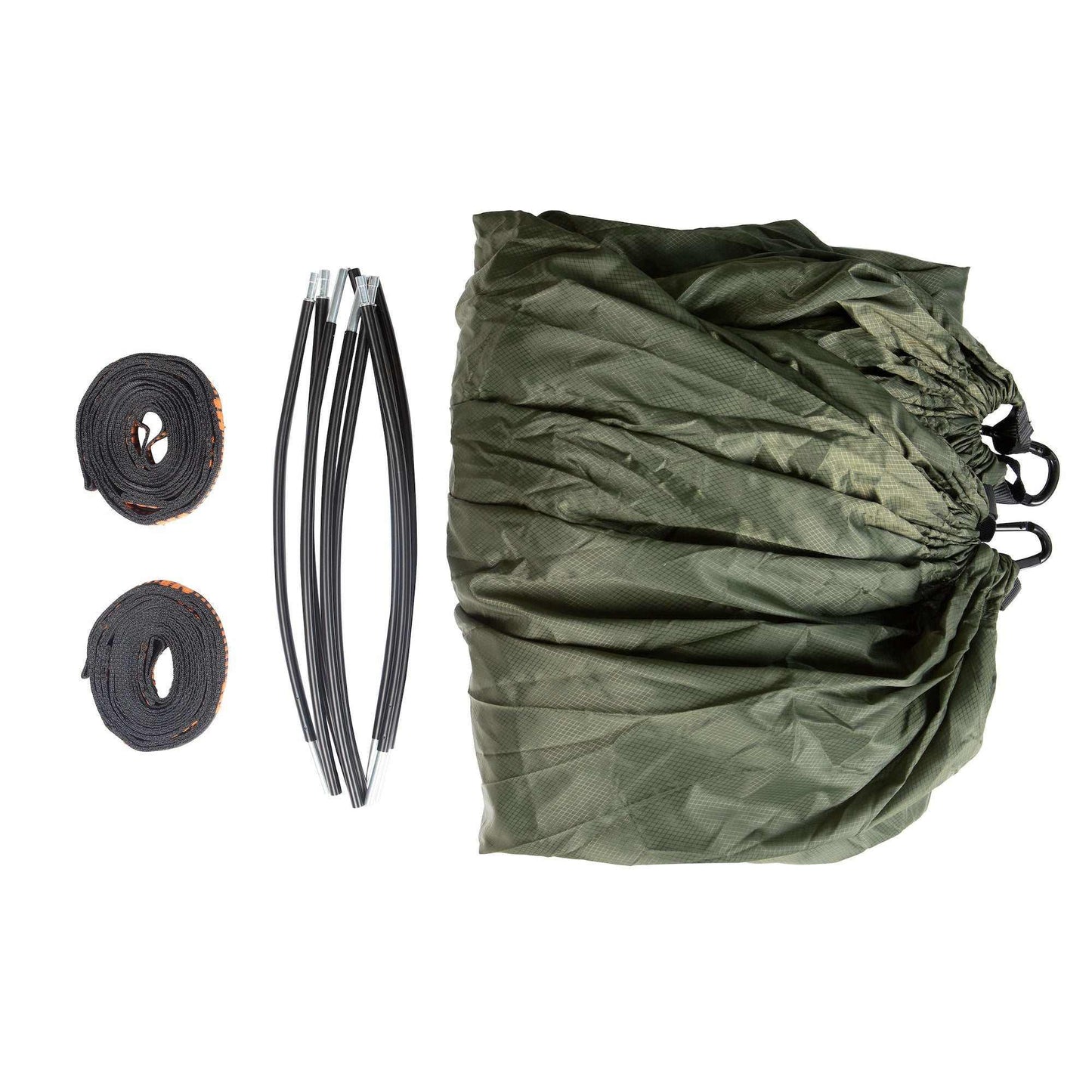 Grey Erebus camping hammock with mosquito net accessories including straps and support poles