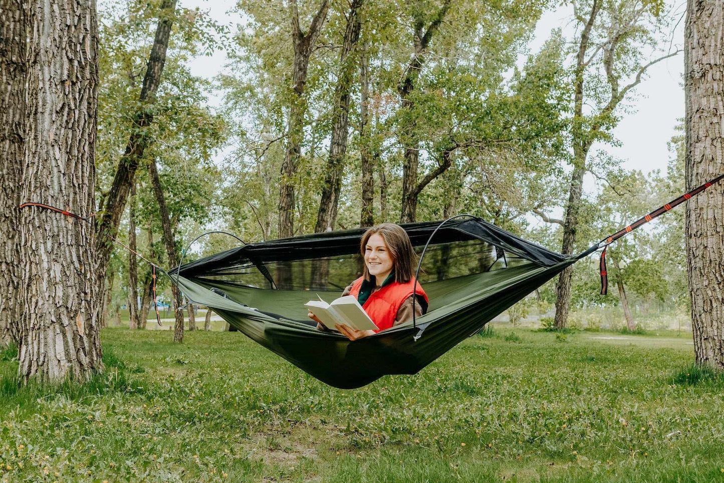 Grey Erebus Camping hammock with mosquito net for comfortable outdoor relaxation in nature