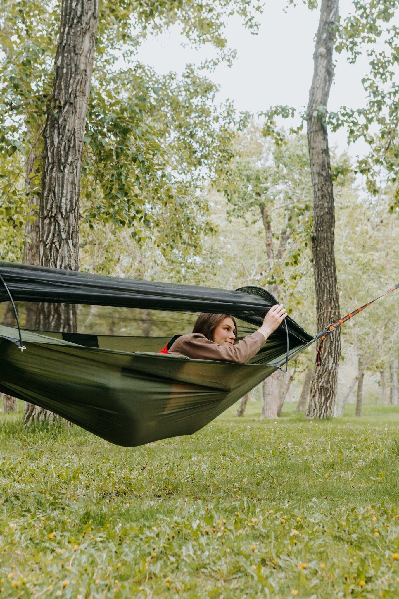 Grey Erebus camping hammock with mosquito net for comfortable outdoor relaxation