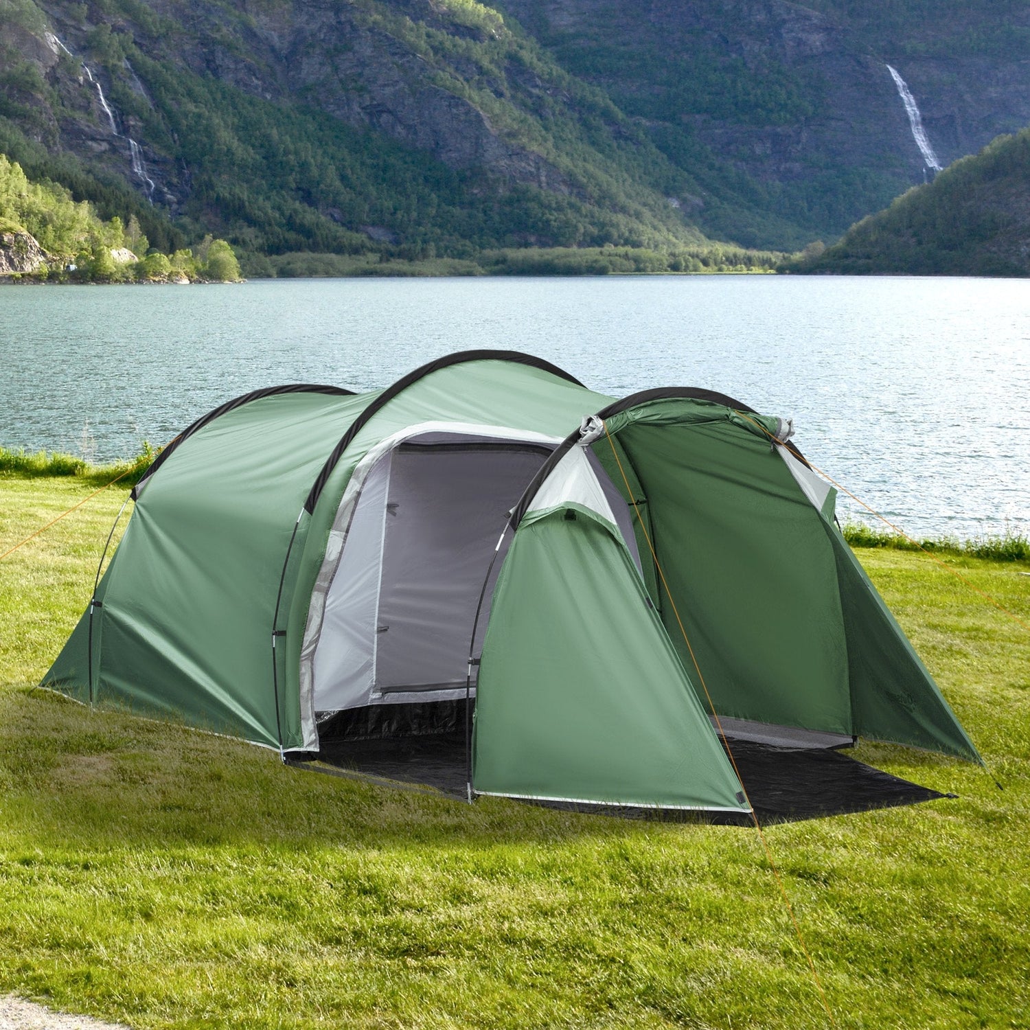 Durable outdoor camping tents displayed by a scenic lake, ideal for all your outdoor adventures