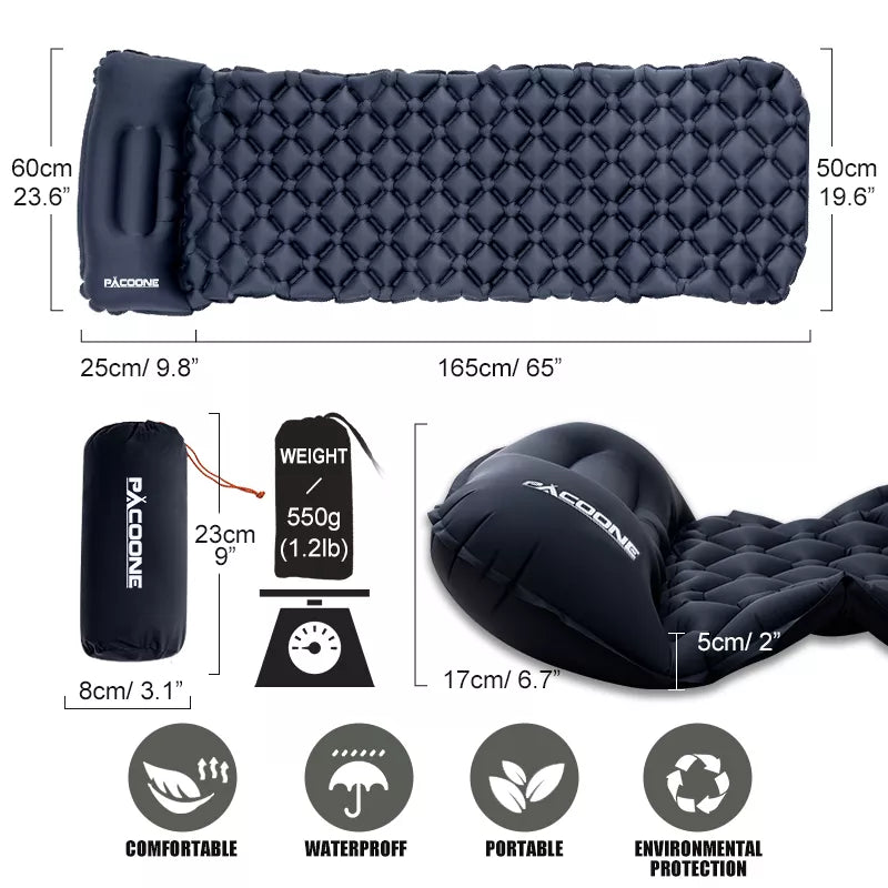 Inflatable Camping Sleeping Pad with Pillow – Compact Ultralight 1.2 lb