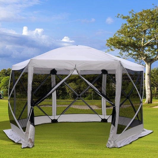 Taupe Shadow automatic pop-up hexagon tent with mesh sides for outdoor gatherings and events