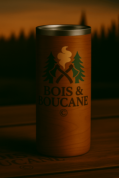 Bois & Boucane drinkware stainless steel tumbler with rustic wood design and logo