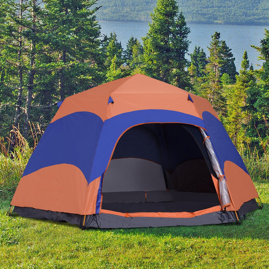 Taupe Shadow double-layer hexagon tent in orange and blue with spacious interior for camping trips