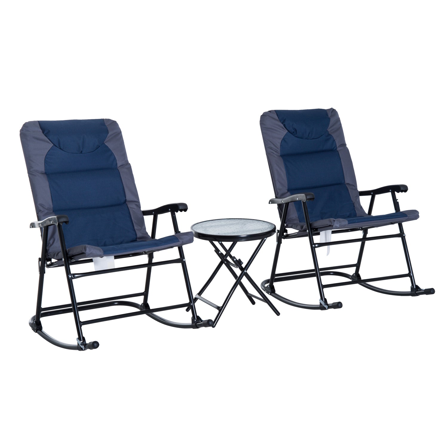 Taupe Shadow folding rocking chair set with two chairs and a side table for outdoor relaxation