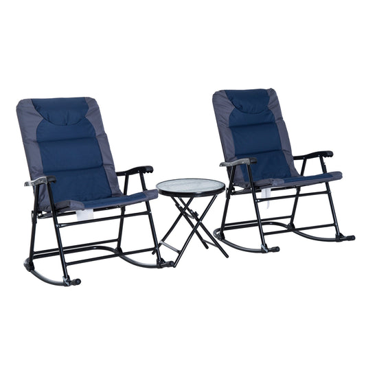 Taupe Shadow folding rocking chair set with two chairs and a side table for outdoor relaxation