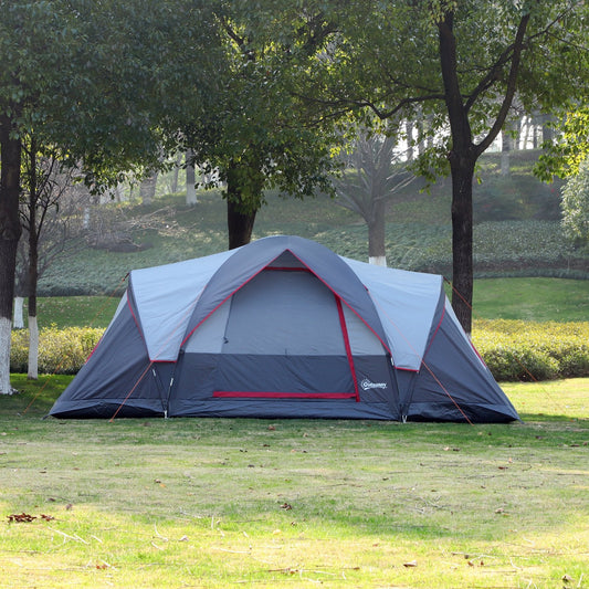 Taupe Shadow 5 to 6 person outdoor tent set up in a grassy area surrounded by trees