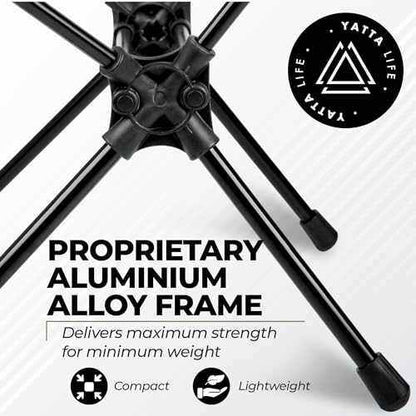 Portable camping seat featuring a proprietary aluminum alloy frame for lightweight and compact support